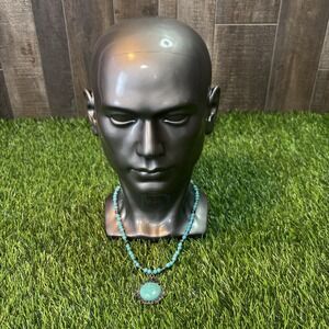 Faux Turquoise Beaded Necklace w/ Large Round Pendant‎ – Boho Western Style